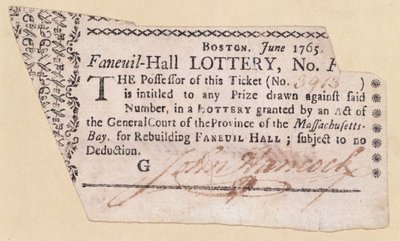 Billet de loterie de Faneuil-Hall, signé par John Hancock (1737-93) 1765 - American School
