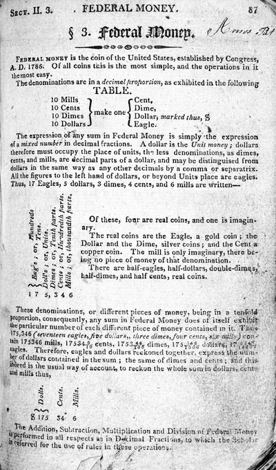 Argent fédéral, page de The Scholars Arithmetic 6e édition, par Daniel Adams, publié par N.H.Keene, 1810 - American School