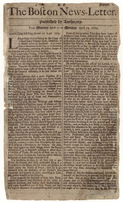 Premier numéro du Boston News-Letter, 1704 - American School