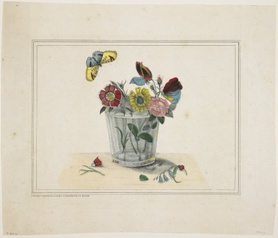 Fleurs dans un verre, avec papillon - American School