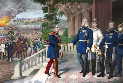 Guerre franco-prussienne 1870-1871 : La reddition de Napoléon III après la bataille de Sedan, 2 septembre 1870. Gravure en couleur, américaine, vers 1871 - Guerre de 1870 : Napoléon III (1808-1873) prisonnier après la bataille de Sedan rencontre Guillaume  - American School