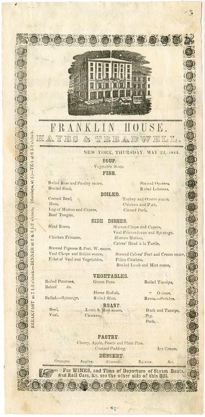 Menu de la Maison Franklin pour le 23 Mai 1844, 1844 - American School