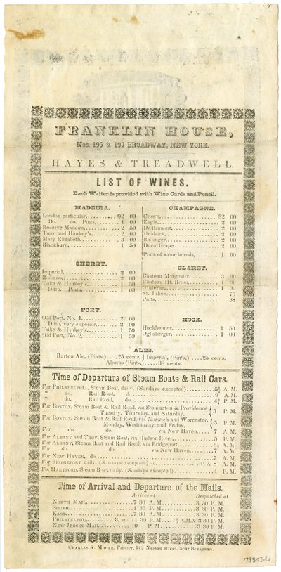 Carte des Vins de la Maison Franklin pour le 23 Mai 1844, 1844 - American School