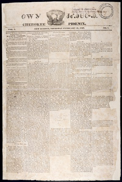 Première page du Cherokee Phoenix, 21 février 1828 - American School