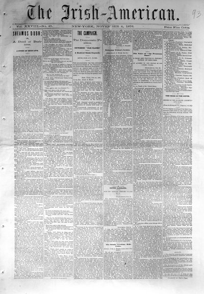 Première page de The Irish-American, publié à New York, 4 novembre 1876 - American School