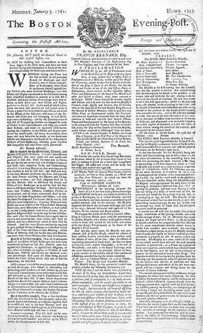 Première page du Boston Evening Post annonçant la mort du roi George II (1683-1760), 5 janvier 1761 - American School