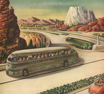 Bus de passagers futuriste voyageant sur une autoroute dans le sud-ouest américain - American School