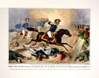 Charge courageuse des Kentuckiens à la bataille de Buena Vista, le 23 février 1847, et défaite complète des Mexicains. 23 février 1847 et défaite complète des Mexicains, pub. 1847 (lithographie coloriée à la main) - American School