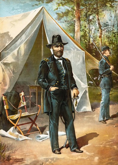 Le général Ulysses S. Grant devant sa tente pendant la guerre civile américaine, publié en 1892 - American School