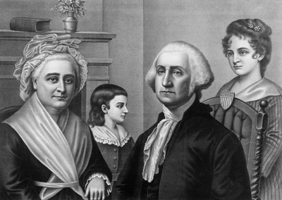 George Washington avec sa femme Martha Washington et ses enfants à Mount Vernon. Gravure vers 1880. - American School