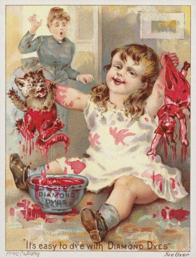 Fille trempant un chat et une poupée dans une teinture rouge - American School