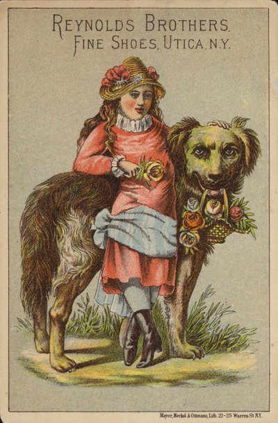 Fille appuyée sur un grand chien avec des roses - American School