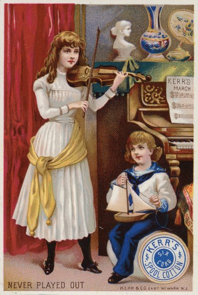 Fille jouant du violon à un jeune enfant - American School