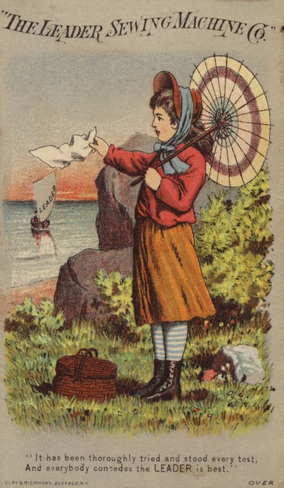 Fille agitant un mouchoir vers un bateau à voile - American School