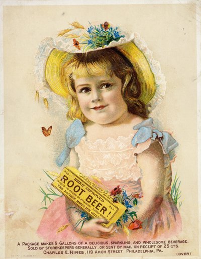 Fille faisant la publicité de Hires Improved Root Beer - American School