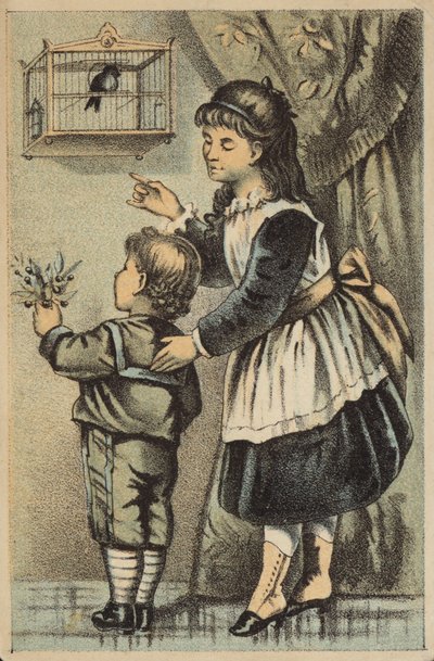 Fille et garçon regardant un oiseau chanteur en cage - American School