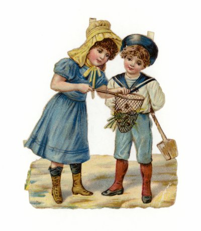 Fille et garçon pêchant sur la plage - American School