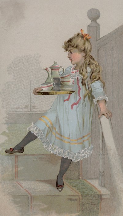 Fille portant une cafetière sur un plateau - American School