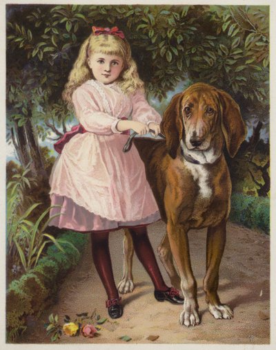 Fille tenant un chien de Saint-Hubert en laisse - American School