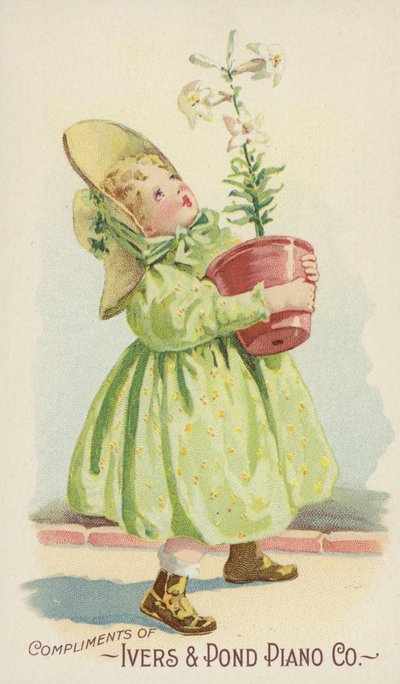 Fille tenant un pot de fleurs - American School