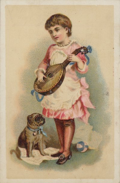 Fille jouant du mandoline, avec un chien - American School