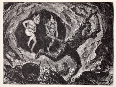Gnomes terrifiant un mineur, du Guide mondial des gnomes, fées, elfes et autres petits peuples de Thomas Keightley (1789-1872) publié en 1880 - American School