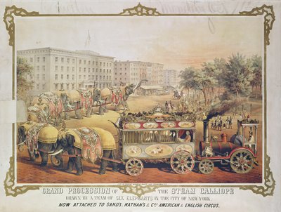 Grande procession du Calliope à vapeur tiré par une équipe de six éléphants dans la ville de New York, 1857 - American School