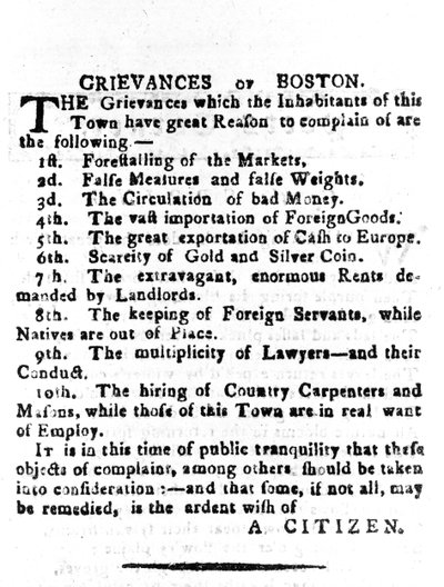Griefs de Boston, lettre publiée dans le Boston Gazette, 4 avril 1786 - American School