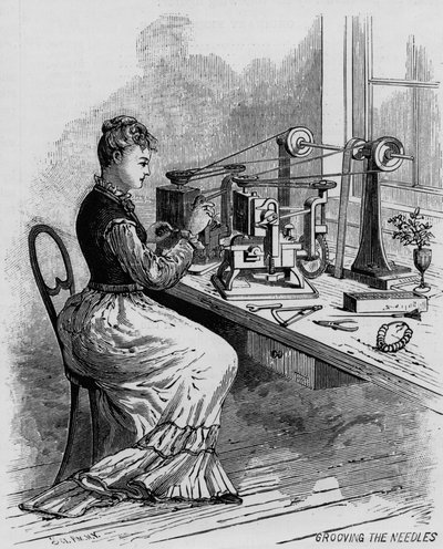 Grooving the Needles, illustration montrant la fabrication de machines à coudre de la revue Scientific American, 1879 - American School