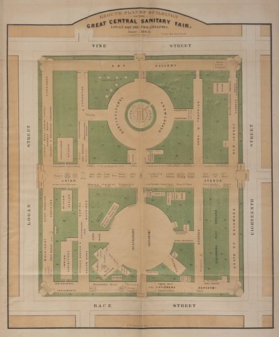 Plan au sol des bâtiments de la Grande Foire Sanitaire Centrale, Logan Square, juin 1864 (lithographie en couleur) - American School