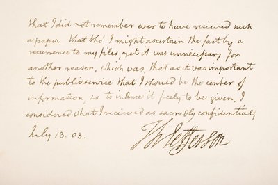 Écriture et signature de Thomas Jefferson, 1803 - American School
