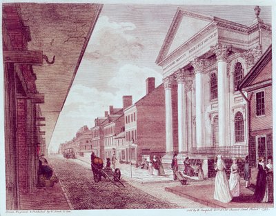 Rue principale avec la première église presbytérienne, Philadelphie, 1799 - American School