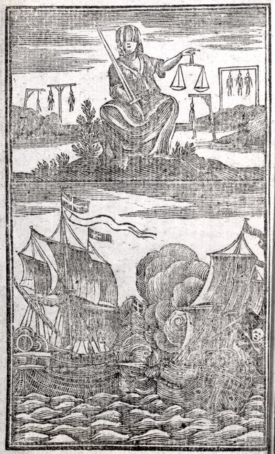 Histoire et vies de tous les pirates les plus notoires et de leurs équipages, frontispice, Londres, 1725 - American School