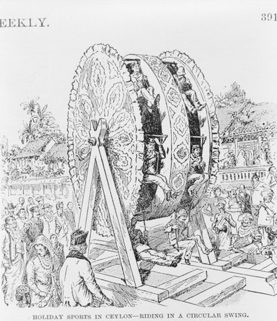Sports de vacances à Ceylan, monter dans une roue circulaire, vers 1893 (illustration) - American School