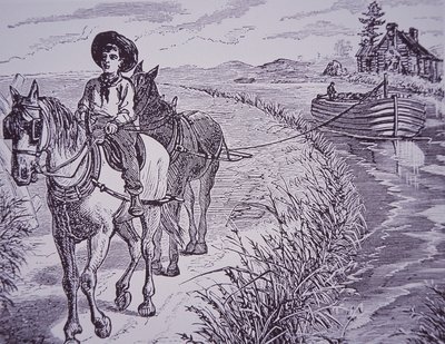 Chevaux tirant un bateau de canal sur le chemin de halage, canal Érié - American School