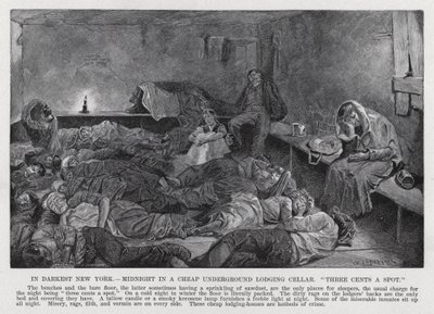 Dans le New York le plus sombre, minuit dans une cave de logement bon marché, "trois cents la place" (lithographie) - American School