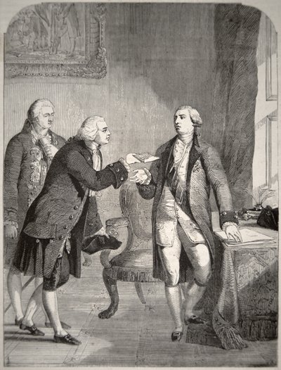 John Adams (1735-1826) en tant que premier ambassadeur américain à la cour anglaise, présentant ses lettres de créance au roi George III (1738-1820) - American School