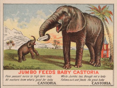 Jumbo nourrit le bébé Castoria, publicité pour le médicament Castoria de Fletcher, avec l