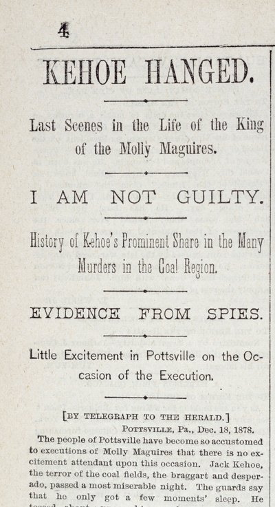 Kehoe pendu, du New York Herald, 19 décembre 1878 - American School