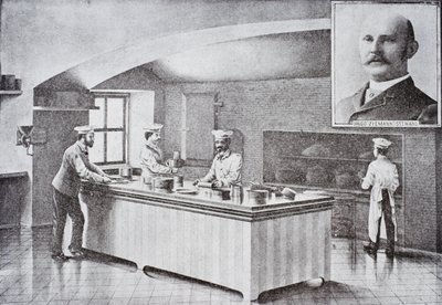 Cuisine de la Maison Blanche dans les années 1890, avec portrait en médaillon de Hugo Ziemann - American School