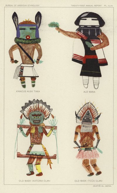 Kwacus Alek Taka, Alo Mana, Vieux masque (clan Katcina), Vieux masque (clan Tcua) (lithographie couleur) - American School