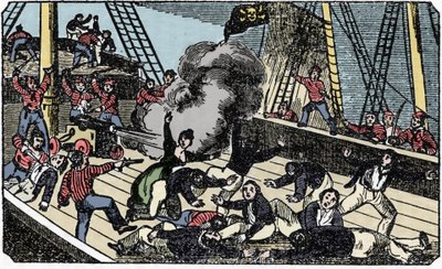 La mort du pirate gentilhomme Jean Lafitte (1780-1826), gravure de The pirate own book 1837. - American School