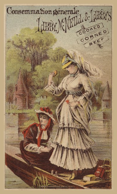 Dames faisant du canotage sur la rivière mangeant du corned-beef - American School