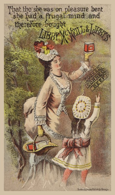 Dame et fille faisant la publicité du corned-beef - American School