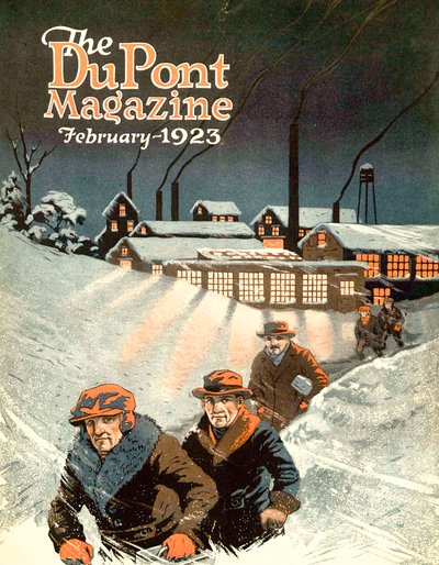 Quitter le travail dans la neige, couverture du DuPont Magazine, février 1923 - American School