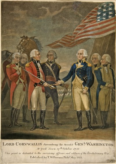 Lord Cornwallis remettant son épée au général Washington à York Town - American School