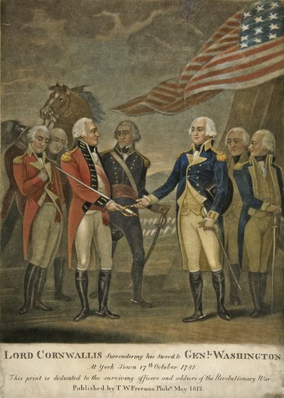 Lord Cornwallis remettant son épée au général Washington à Yorktown - American School