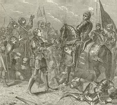 Lord Stanley apportant la couronne de Richard à Richmond, après la bataille de Bosworth - American School