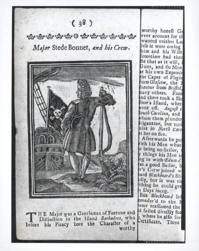 Major Stepe Bonnet, page 38 de Histoires et vies de tous les pirates les plus notoires et de leurs équipages, Londres, 1725 - American School