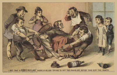 Homme collé à une chaise avec de la colle - American School